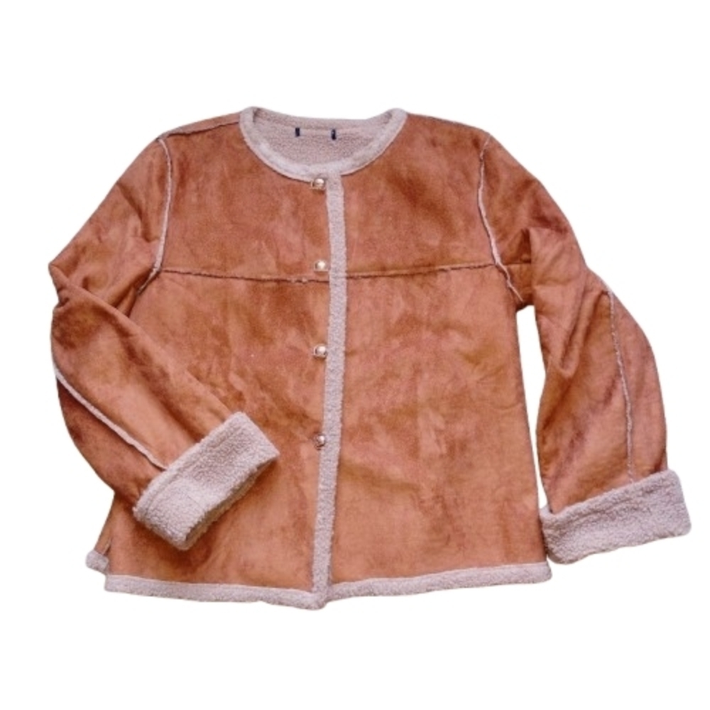 Title:NEW Faux Suede Sherpa-Lined Jacket XL Cognac Brown Gold Buttons